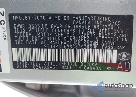 2006 Toyota Corolla Ce from USA, damaged, VIN 2T1BR32E26C619285